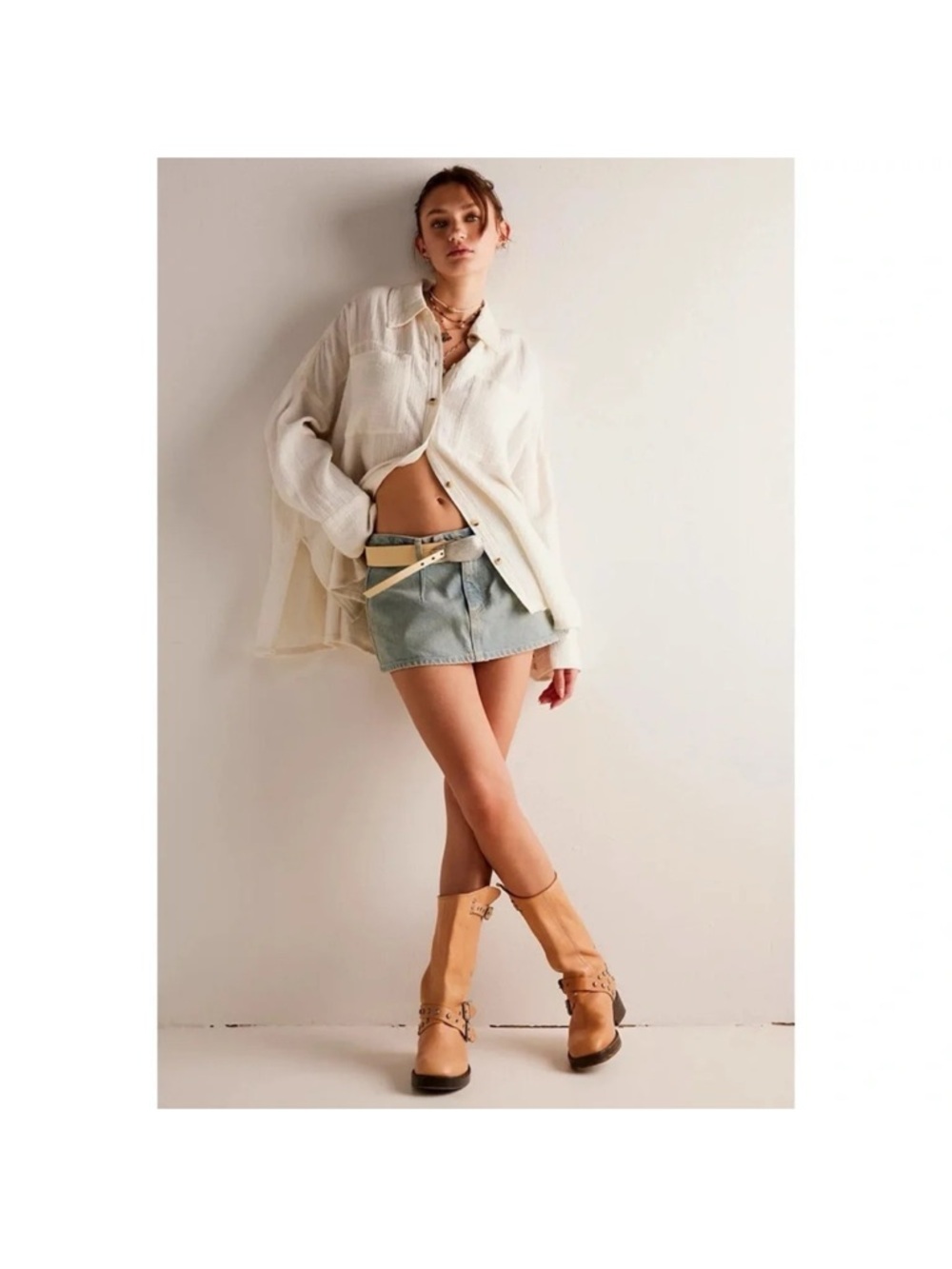 Free People Gallivanting Peekaboo Low-Rise Denim Skirt Coco Light Blue 28 - Picture 9 of 9